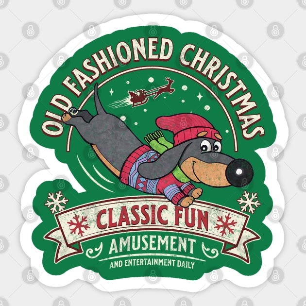 Cute Funny Doxie Dog sledding on Dachshund  Old Fashioned Christmas Sticker by Danny Gordon Art